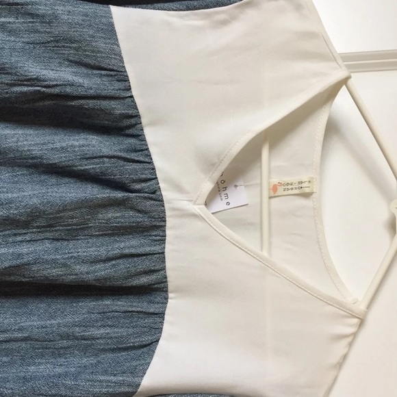 Denim looking blouse with chiffon accents. - Picture 2 of 7